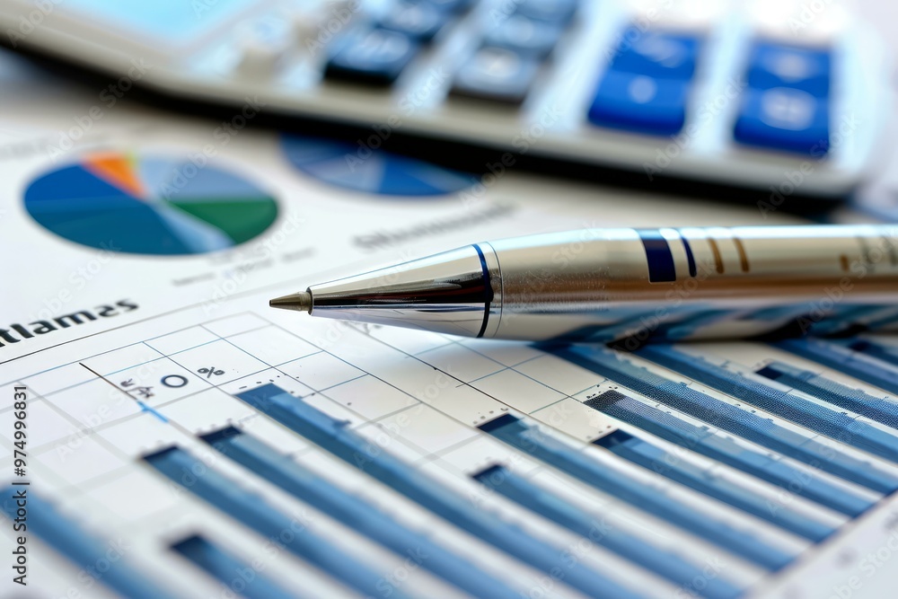 Poster pen resting on a spreadsheet showing a financial chart with a calculator out of focus in the backgro