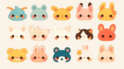 Digital design doodles set of cute animal faces in pastel colors, simple shapes on pastel blue background, cute and friendly faces of various animals such as bears etc.