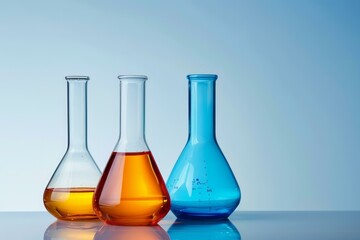 Three erlenmeyer flasks containing colorful chemical liquid are standing on a reflective surface