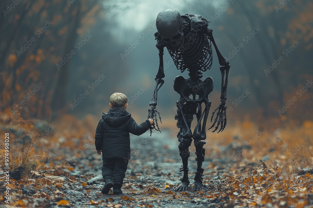 Canvas Prints A skeleton leading a child by the hand in a slow, mournful dance. Concept of innocence and death.