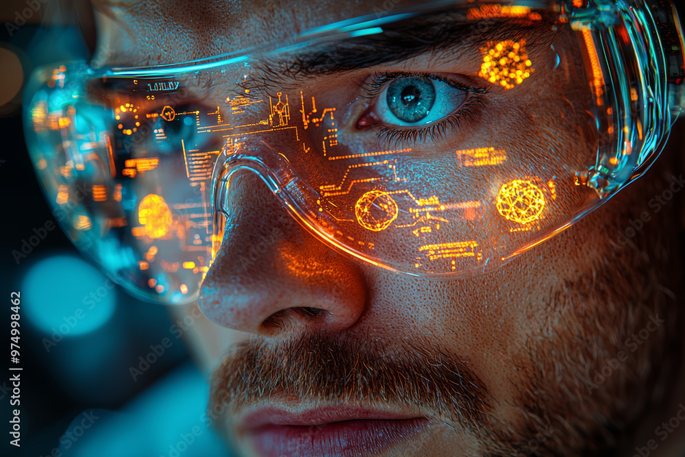 Poster a scientist examining a holographic display of molecular structures. concept of futuristic research 