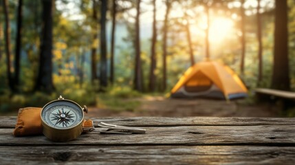 Naklejka premium Wooden table top with compass, mineral water, flashlight, food with blurred camping tent and camping site on forest background