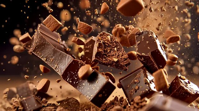 A dynamic scene shows chocolate bars breaking apart with nuts and cocoa powder suspended in the air. The image captures a sense of motion and excitement, likely in a studio setting, isolating the
