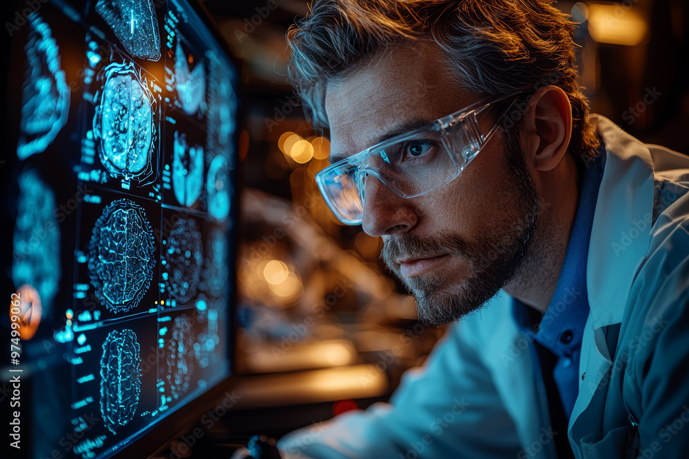 Poster a researcher developing ai-driven diagnostic tools in a medical tech lab. concept of integrating ai 