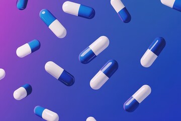 Different types of pills fall on the table. On a blue background.Filmed on a high-speed camera. Beautiful simple AI generated image