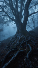Large twisted tree with exposed roots in a foggy forest, eerie and mystical atmosphere