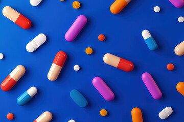Pills in capsules and white whole and crushed pills on a blue background. . Concept of medicine. Close-up. Beautiful simple AI generated image