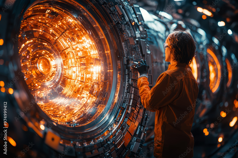 Poster a physicist experimenting with particle accelerators. concept of exploring fundamental physics in mo