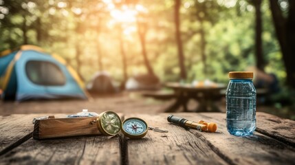 Naklejka premium Wooden table top with compass, mineral water, flashlight, food with blurred camping tent and camping site on forest background