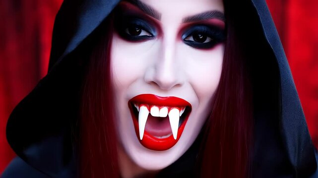 Alluring Vampires with pale skin dark smokey eyes blood red lips sharp fangs in dark hood robe, Halloween costume makeup cosplay