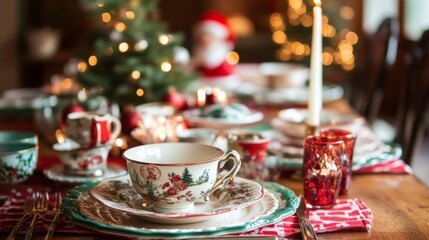 Fototapeta premium Christmas Teacup and Plates Setting on a Table with Festive Decorations