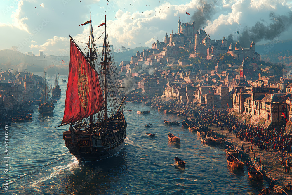 Canvas Prints a medieval ship setting sail from a bustling port. concept of exploration and trade in the middle ag
