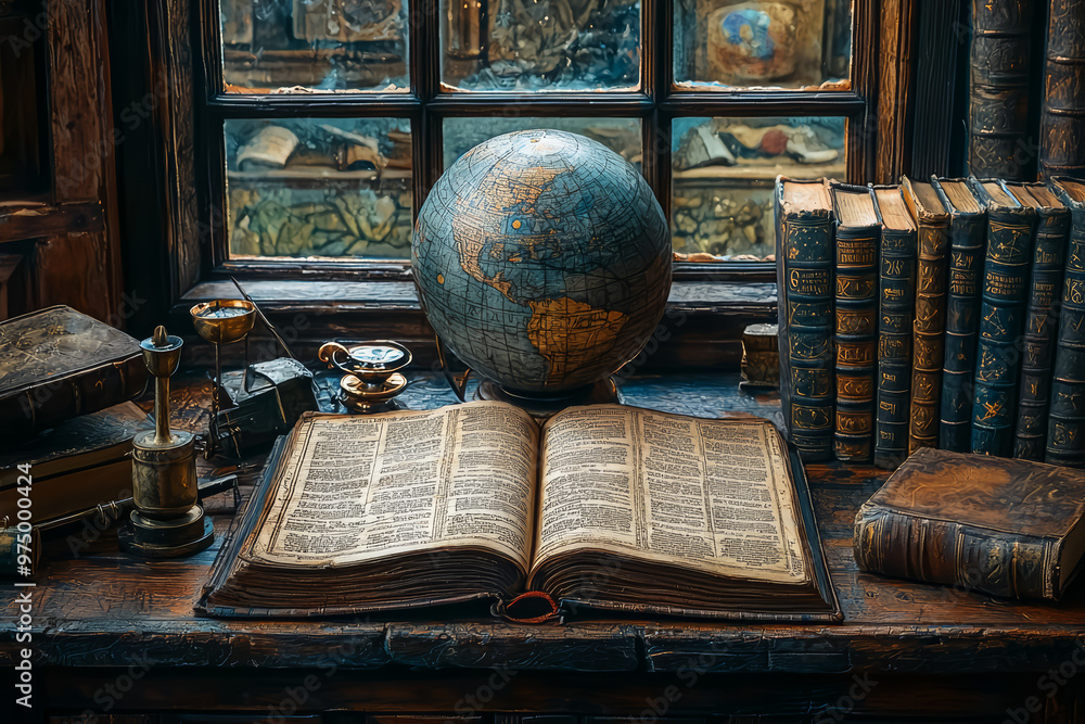 Poster a medieval scholar studying astronomy with ancient texts and instruments. concept of medieval scienc
