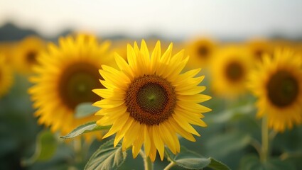 Obraz premium Vibrant sunflower bloom with golden petals against blurred sunflower field backdrop