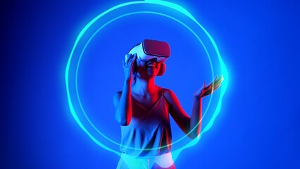 Woman listening song wearing VR headset the music on circle graphic 3D hologram musical with neon lighting modern studio design at dynamic sound technology concept on blue background. Hallucination.