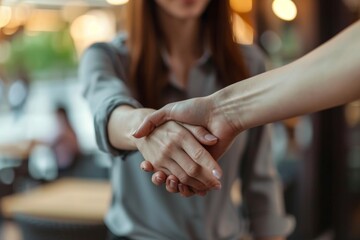 A young Caucasian woman extends her hand for a friendly handshake with a client, creating a welcoming atmosphere in a modern meeting space filled with warm light