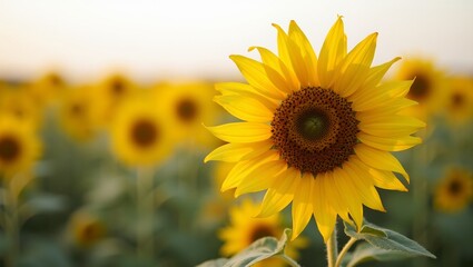 Obraz premium Vibrant sunflower bloom with golden petals against blurred sunflower field backdrop