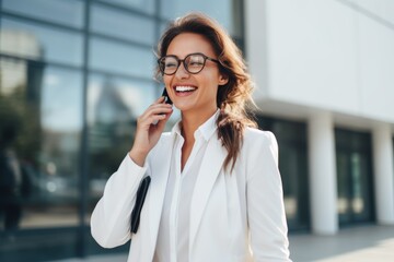 A cheerful businesswoman in stylish office attire stands outside, engaged in a phone call. She smiles brightly while embracing a professional moment near a contemporary building
