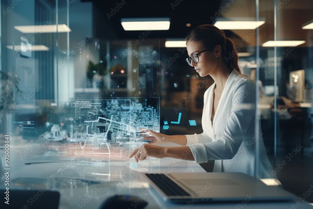 Poster a woman is focused on programming a website using a holographic display in a sleek, modern office