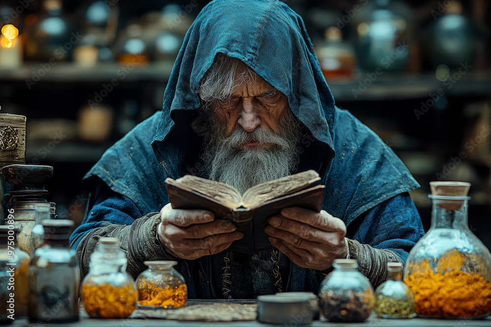 Poster a medieval alchemist experimenting with mysterious substances. concept of early science and the ques