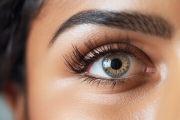 Fototapeta premium A woman focuses on applying a contact lens to her eye, demonstrating precision and care. Her brown eyes are highlighted in a bright, high-key environment