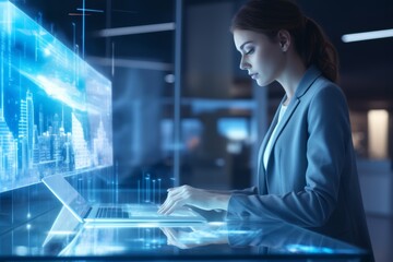 A skilled programmer works intently on a laptop while engaging with a holographic display in a sleek office filled with innovation. The high-tech atmosphere enhances the creative process