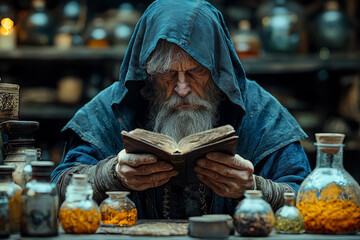 A medieval alchemist experimenting with mysterious substances. Concept of early science and the quest for knowledge.
