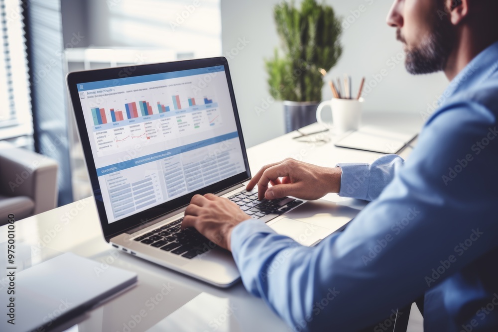 Poster a project manager is focused on updating tasks and milestones on a laptop while utilizing a virtual 
