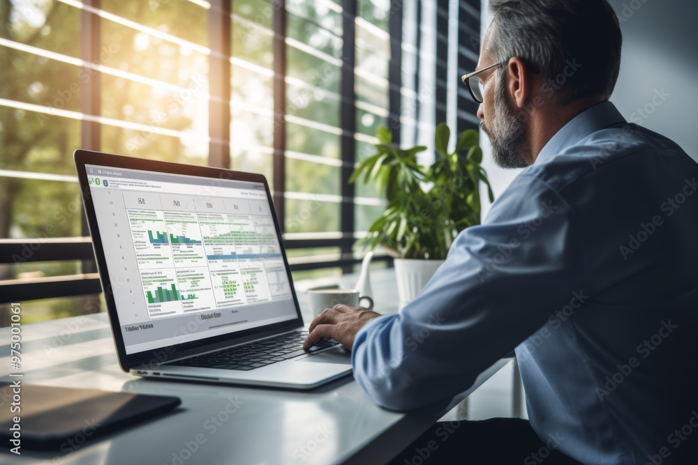Poster a project manager works diligently at a laptop, updating tasks and milestones using gantt chart soft
