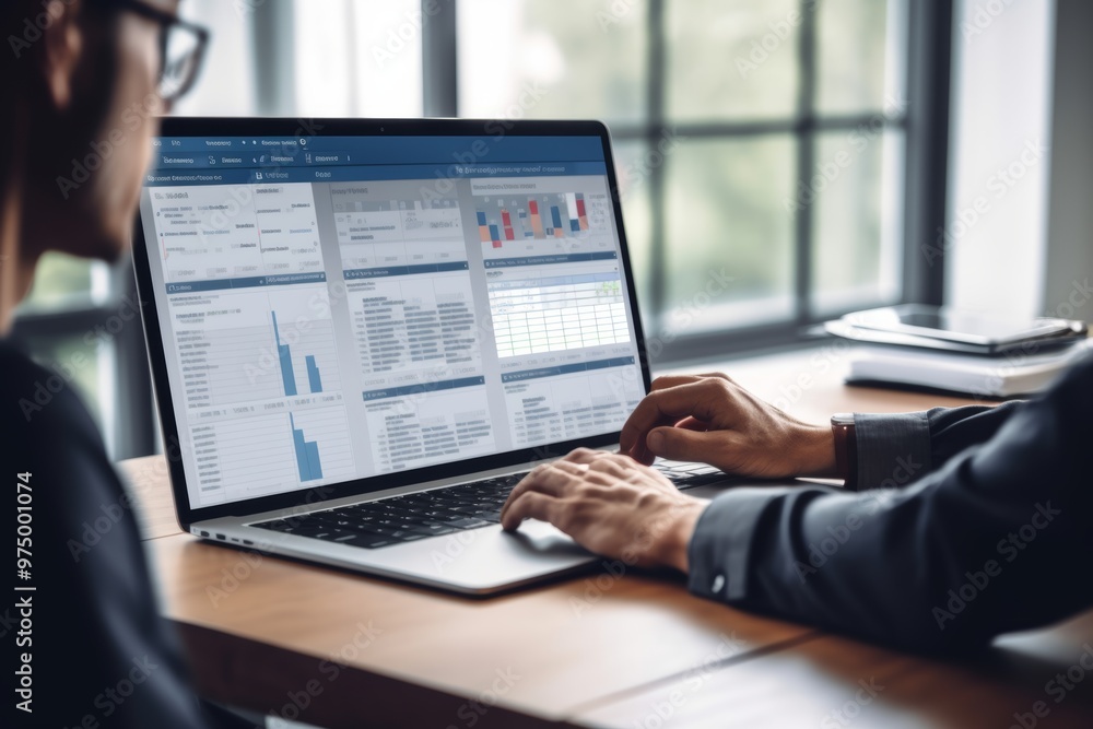 Poster a project manager focuses on updating tasks and milestone progress with a gantt chart on a laptop, c