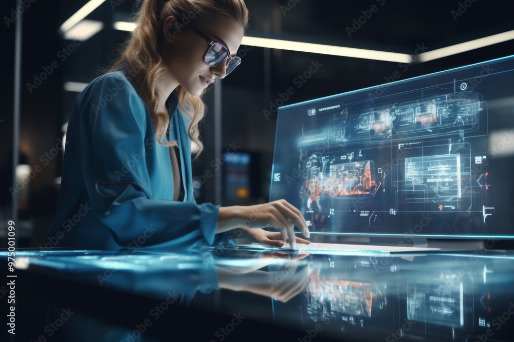 Poster a woman programs a website using a futuristic holographic display in an office setting, showcasing i