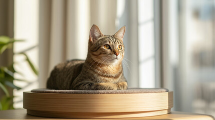 Naklejka premium A striped cat sits elegantly on a wooden lounger and scratching post by a brightly lit window, basking in the sun and demonstrating calm and observant behavior.