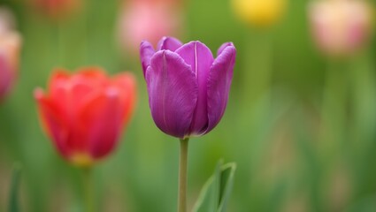 Obraz premium Vibrant purple tulip amidst colorful blooms in garden setting
