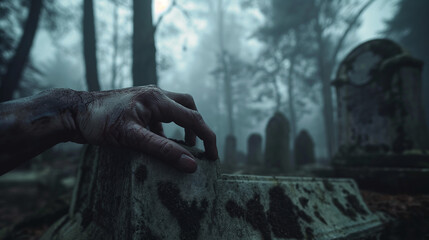 Zombie hand emerging from a grave in a foggy, eerie cemetery, spooky Halloween atmosphere