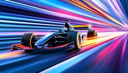 racing car in motion, a Formula 1 one race car speeding on the track, leaving behind vibrant, colorful light trails .