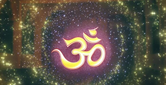 Gold Om Symbol animation video, Indian Om logo, Hindu religious Om Monogram video presentation background, with golden glitter, sparkles and glitter