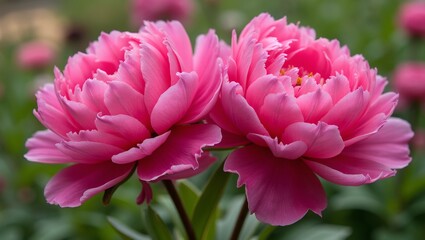 Vibrant pink peonies in full bloom in lush garden setting