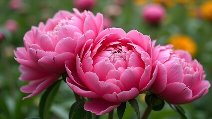 Vibrant pink peonies in full bloom in lush garden setting