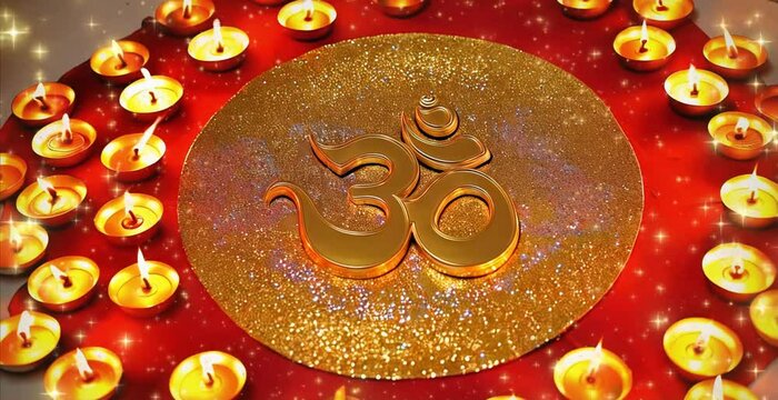 Gold Om Symbol animation video, Indian Om logo, Hindu religious Om Monogram video presentation background, with golden glitter, sparkles and glitter