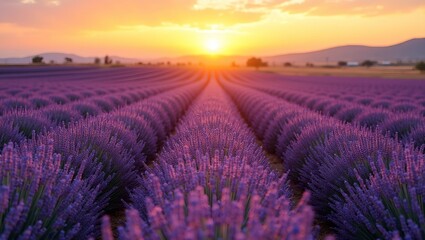 Obraz premium Vibrant lavender field at sunset with rolling hills and golden sky