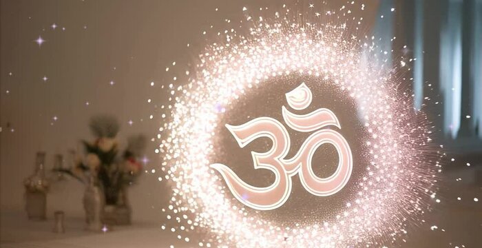 Gold Om Symbol animation video, Indian Om logo, Hindu religious Om Monogram video presentation background, with golden glitter, sparkles and glitter