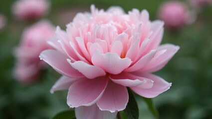 Graceful pink peony bloom with water droplets soft blurred background