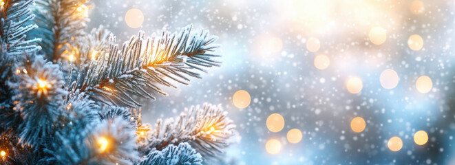 Christmas background. Xmas tree with snow decorated with garland lights, holiday festive background. Widescreen frame backdrop. New year Winter art design, Christmas scene wide screen holiday border