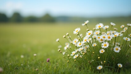 Fototapeta premium Wild daisies bloom in a vibrant field under a clear blue sky