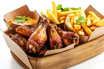 A wooden tray with French fries and chicken wings in paper boxes