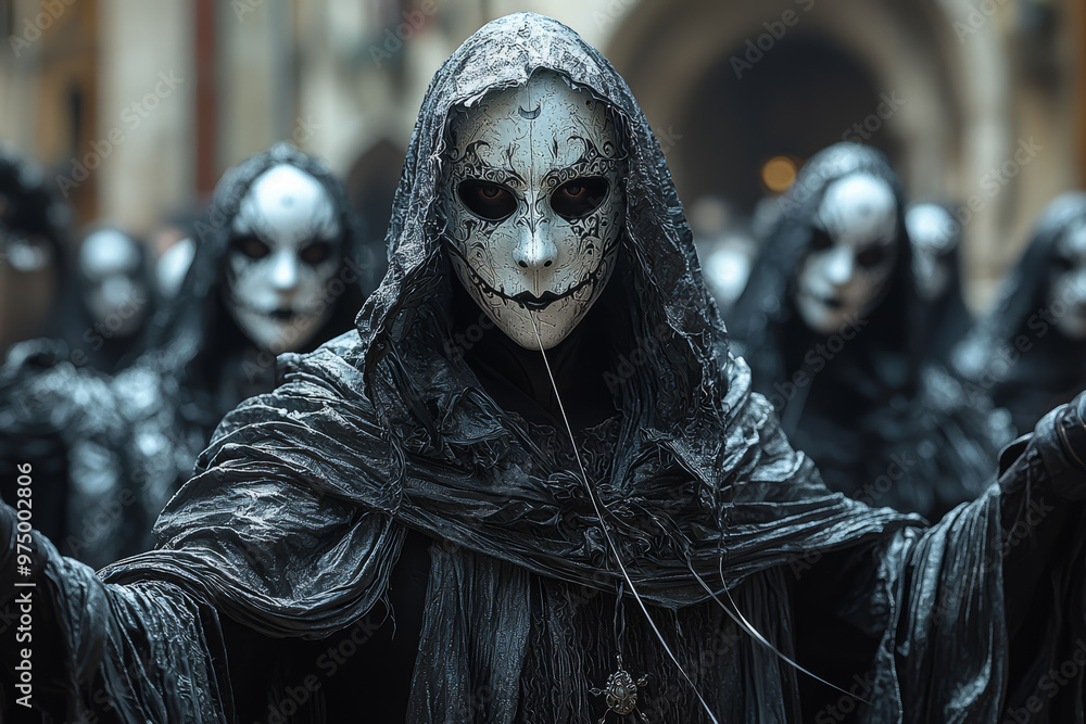 Poster a depiction of death as a puppet master, controlling dancers with invisible strings. concept of fate