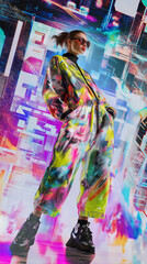 Obraz premium Futuristic Fashion Models in Neon Digital Environments, Abstract and Geometric Patterns, High-Tech Aesthetic, Holographic Clothing