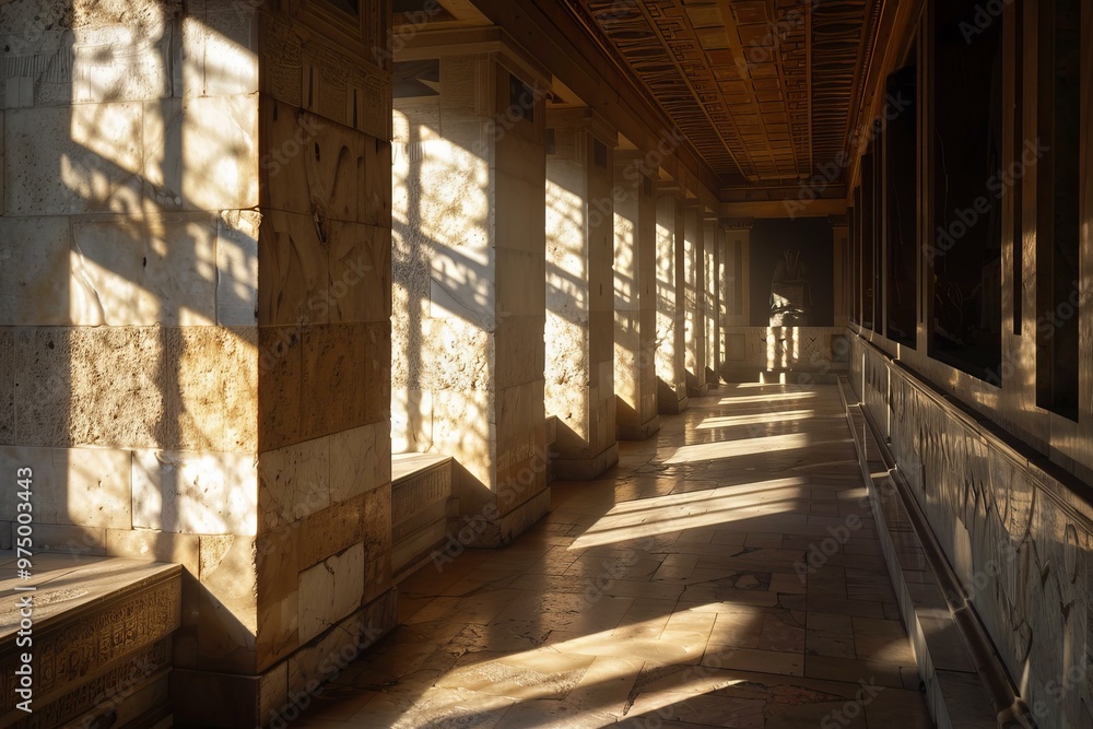 Poster sunlight casting long shadows through windows in ancient building creating beautiful light patterns 