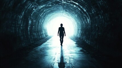 Silhouette of a person walking towards a bright light in a dark tunnel, symbolizing hope and new beginnings, copy space