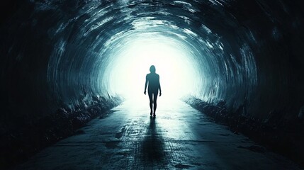 Silhouette of a person walking towards a bright light in a dark tunnel, symbolizing hope and new beginnings, copy space